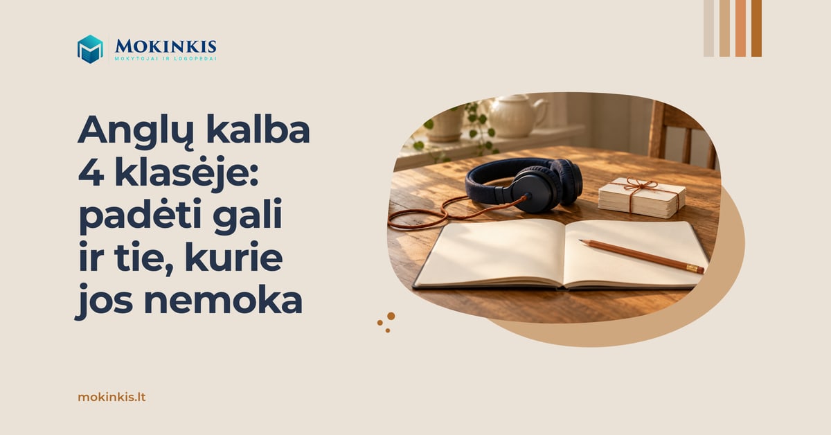 Anglų kalba 4 klasėje: padėti gali ir tie, kurie jos nemoka Anglų kalba 4 klasėje: padėti gali ir tie, kurie jos nemoka. Ant medinio stalo – ausinės, kortelių pluoštelis ir atverstas sąsiuvinis su pieštuku.