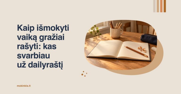 Kaip išmokyti vaiką gražiai rašyti: kas svarbiau už dailyraštį. Ant medinio stalo – atverstas sąsiuvinis tuščiais puslapiais, pieštukas ir drožlės.