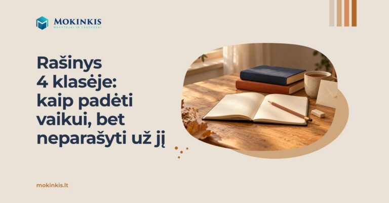 Rašinys 4 klasėje: kaip padėti vaikui, bet neparašyti už jį – atverstas tuščias sąsiuvinis su pieštuku, dvi knygos, puodelis arbatos ir vokas ant medinio stalo